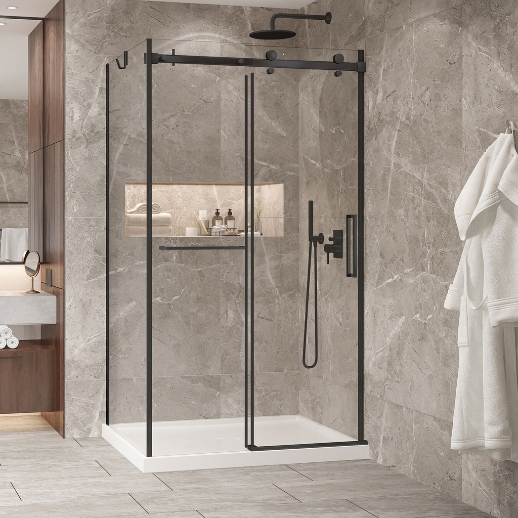 Porte de douche Bellini noir mat 54x42" en coin avec fermeture sur mur avec barre à serviette
