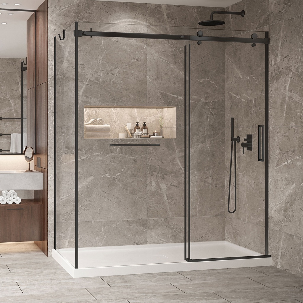 Porte de douche Bellini noir mat 72x36" en coin avec fermeture sur mur avec barre à serviette