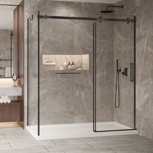 [DB2723600WSTC71] Porte de douche Bellini noir mat 72x36" en coin avec fermeture sur mur et installation sur mur à droite avec porte serviette